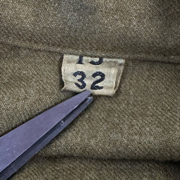 WWII Vtg Wool Shirt US Military Olive Drab Khaki Button Placket Sz 15/32 READ - Picture 5 of 16